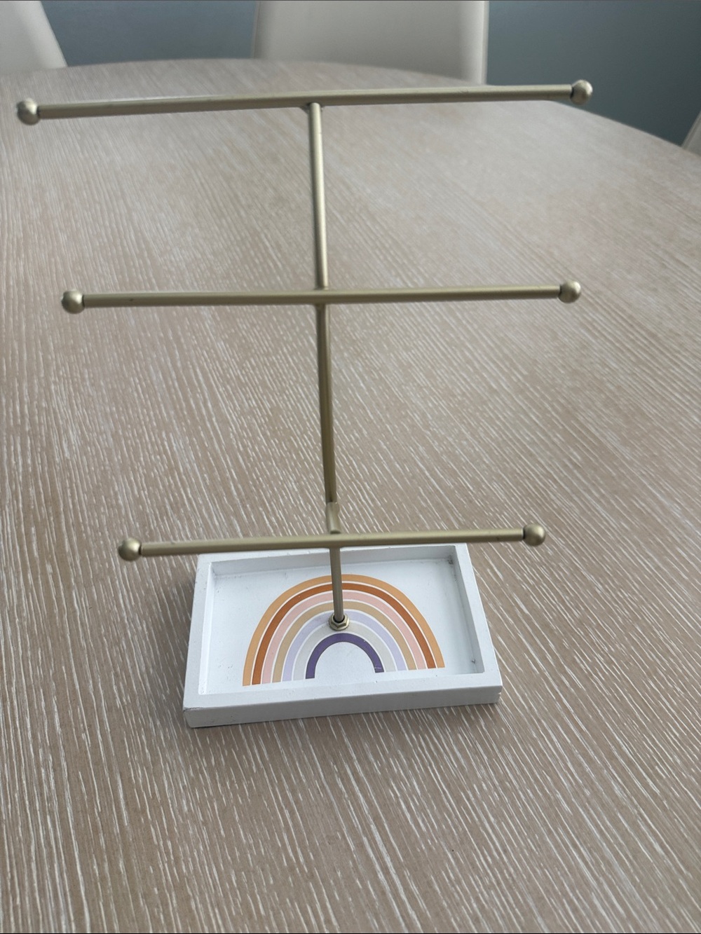 Gold Jewelry Stand with White Rainbow Base three-tier gold-tone metal jewelry